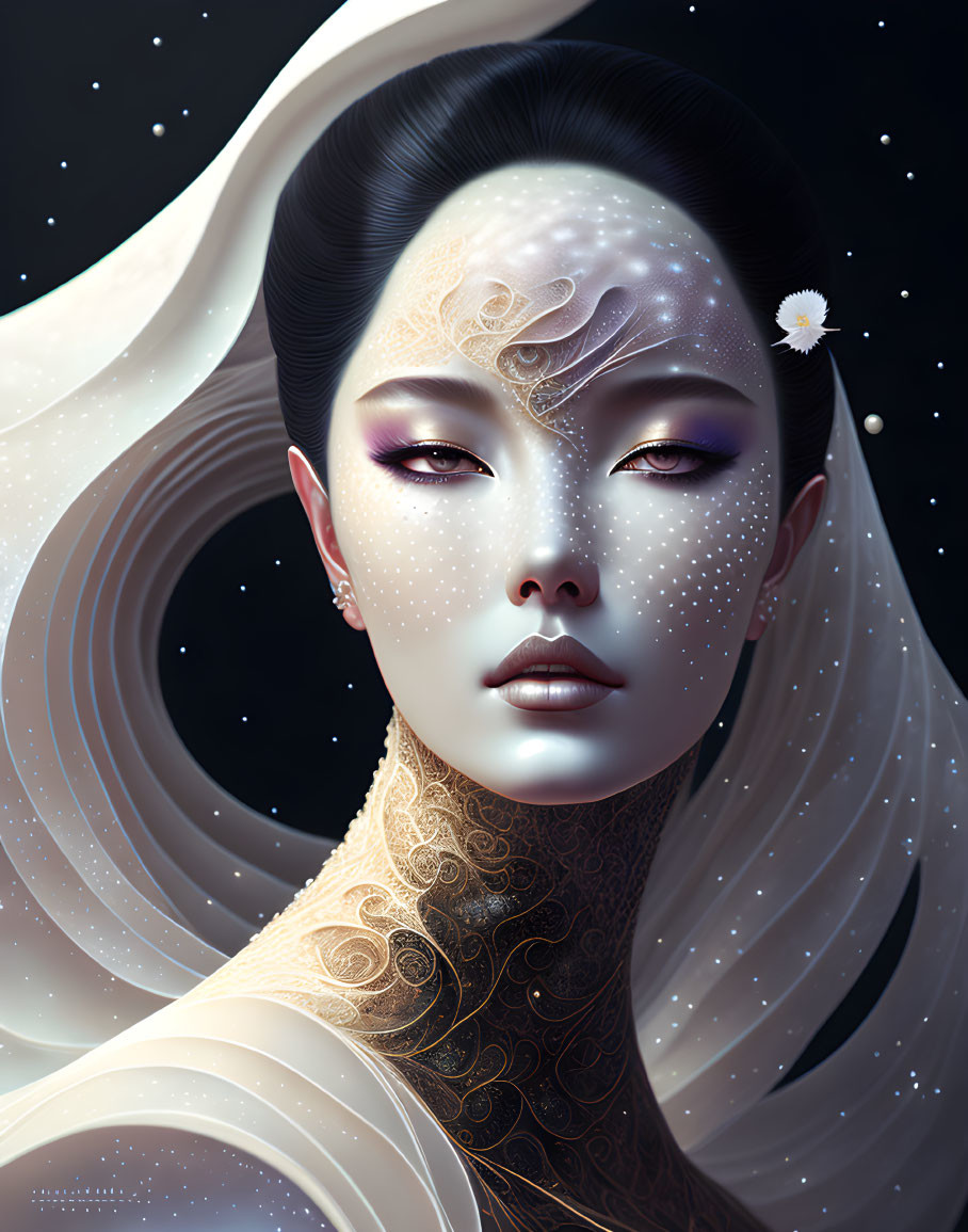 Illustrated portrait of woman with galaxy makeup and floral adornment against starry backdrop