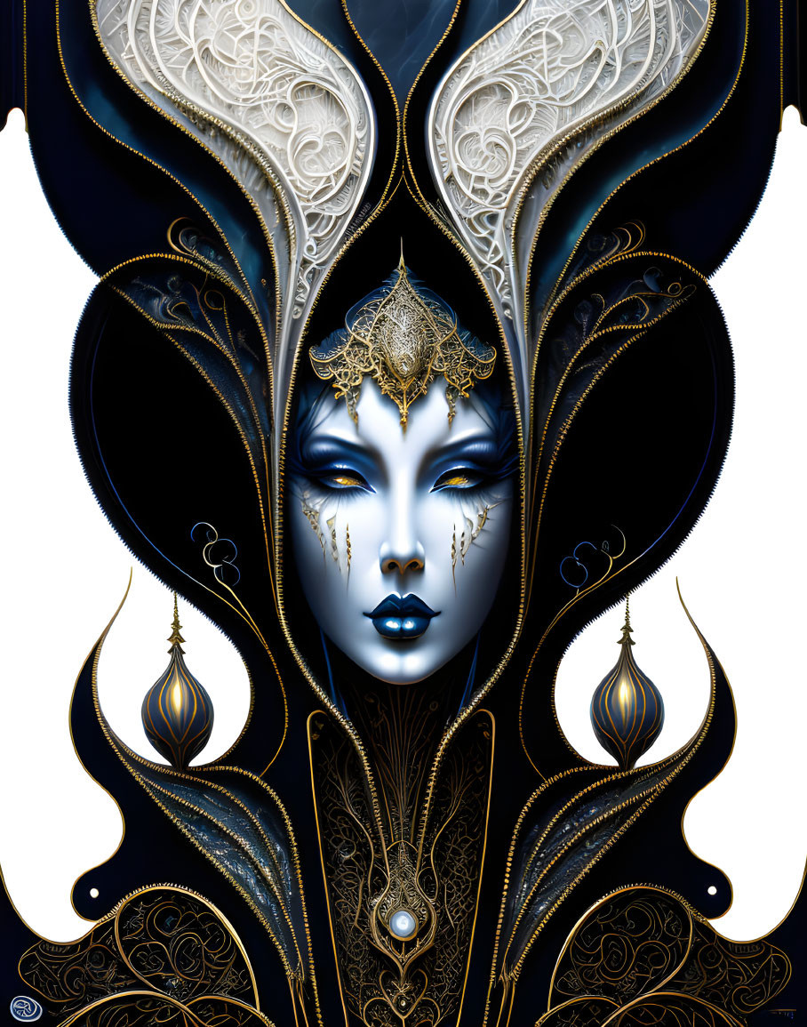 Symmetrical digital artwork with blue-faced figure and gold patterns