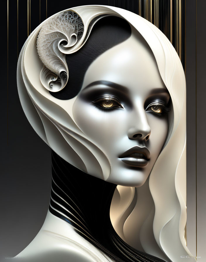 Futuristic digital art: stylized female figure with abstract design