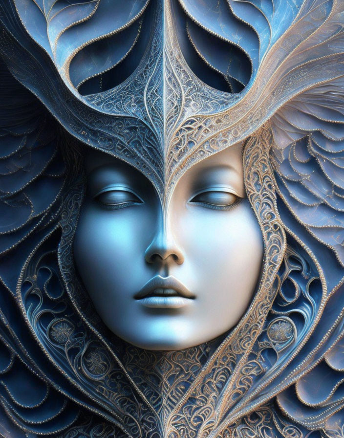 Intricate blue patterns on woman's face with peacock feather headdress