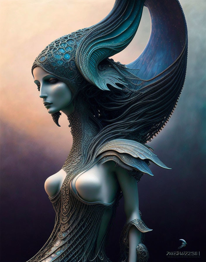 Futuristic female figure in ornate headdress and armor against moody backdrop