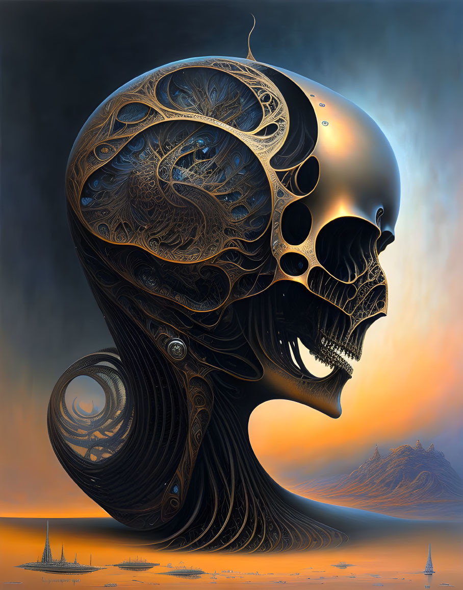 Intricate surreal skull art with ornate details and abstract forms