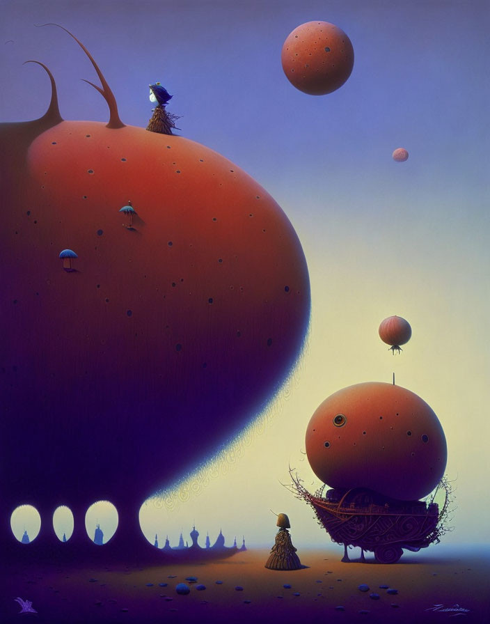 Surreal artwork featuring oversized orange spheres, small figures, floating spheres, and twilight backdrop.