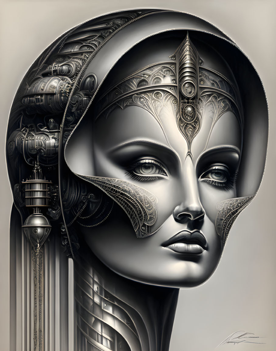 Monochromatic artwork: Female figure with ornate, mechanical fusion.