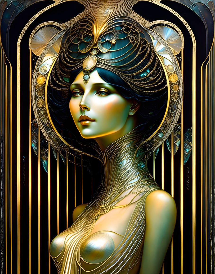 Intricate Art Nouveau-inspired headdress on female figure