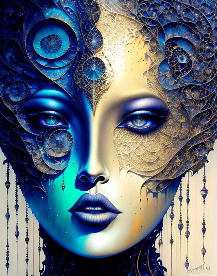 Blue-skinned woman with ornate metallic headgear in surreal digital artwork