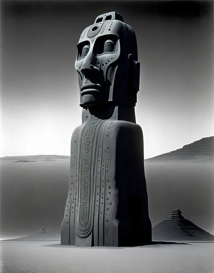 Monochrome photo of stylized mask sculpture in desert dunes