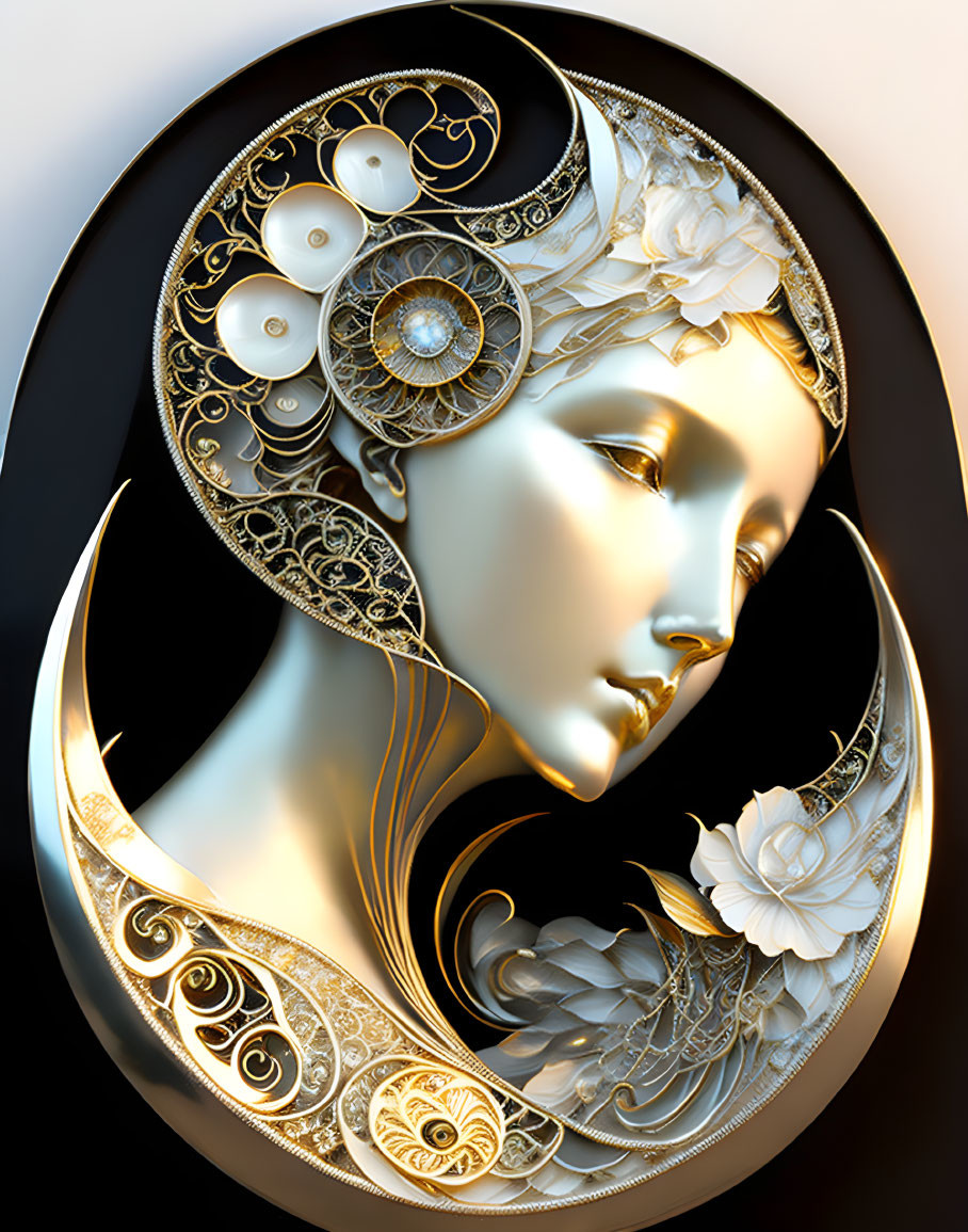 3D rendering of woman's profile with gold and white floral motifs