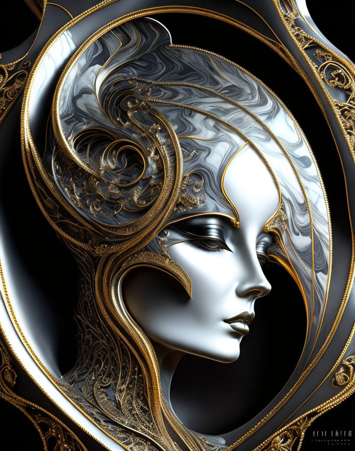 Intricate golden mirror with ornate metallic female visage