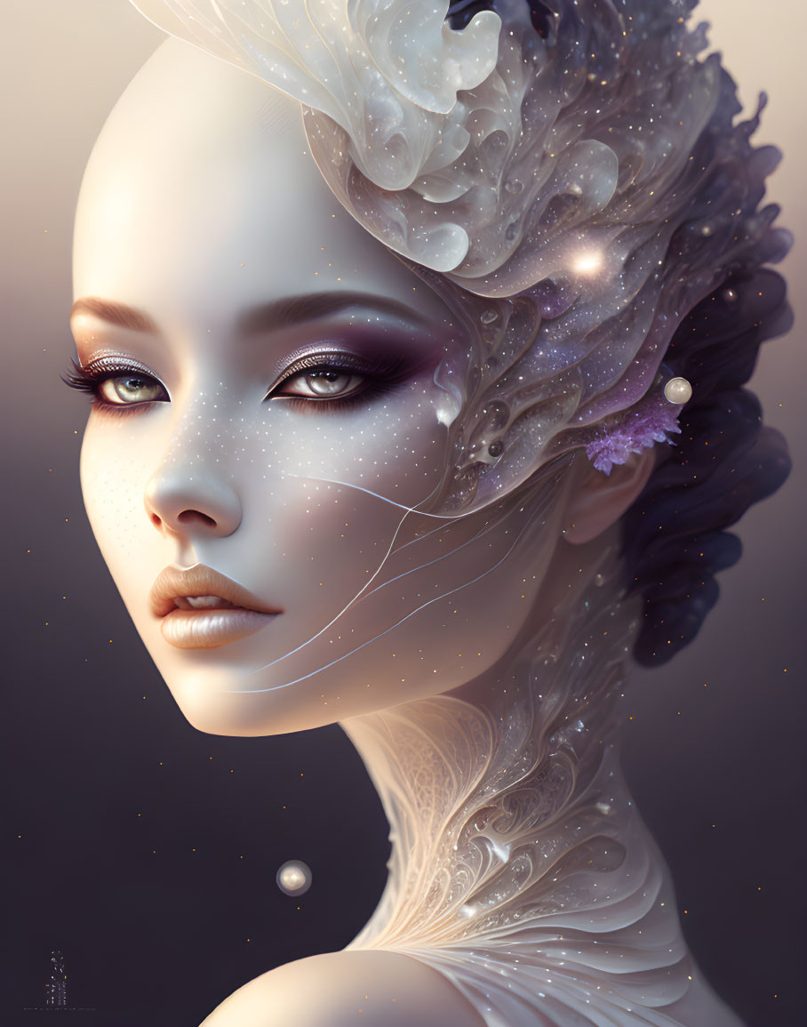 Detailed Cosmic Theme Woman Illustration with Starry Headdress