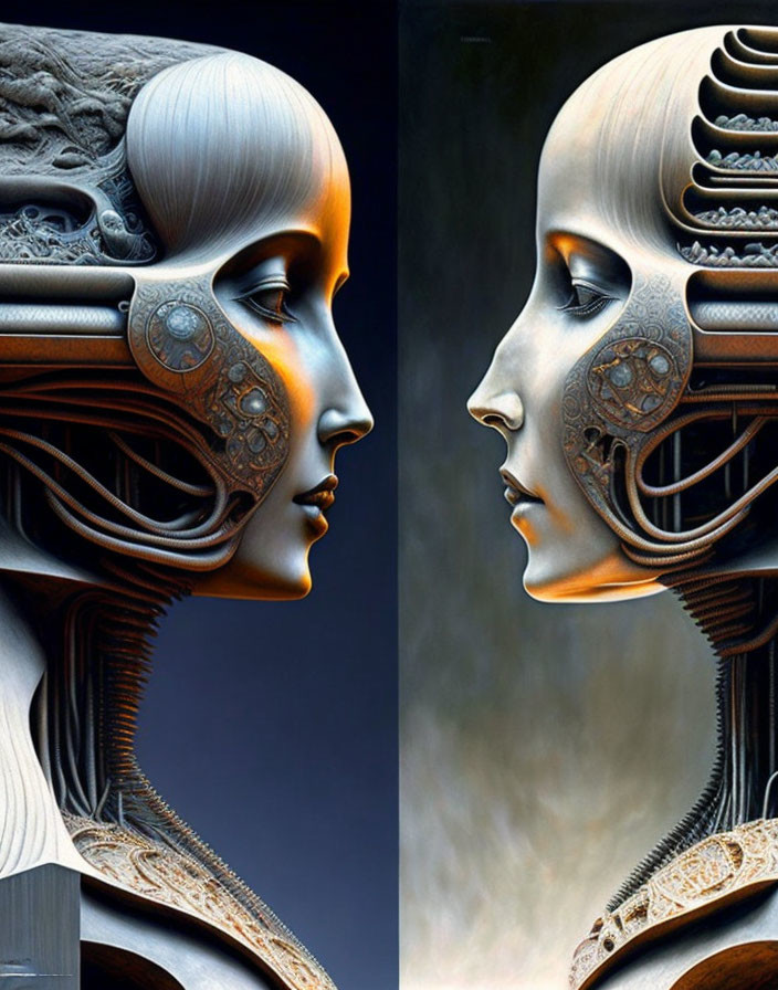 Symmetrical humanoid robot faces with intricate mechanical details