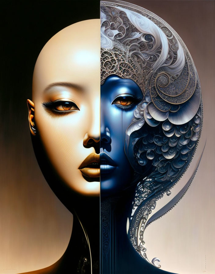 Split portrait of bald figure: natural human features vs. metallic robotic elements