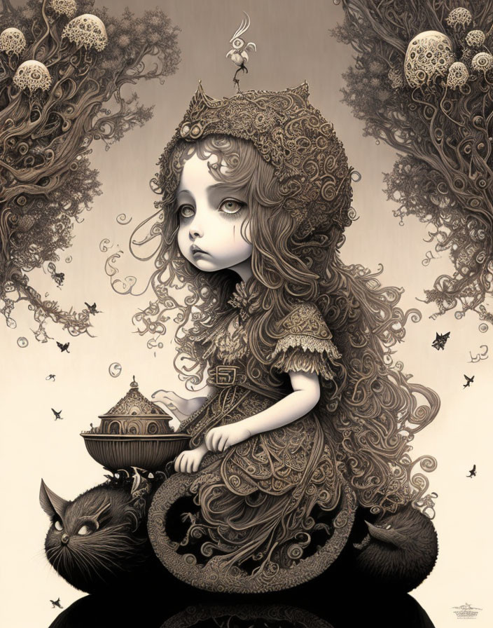 Monochrome illustration of a girl in ornate attire with a cat, swirls, and butterflies