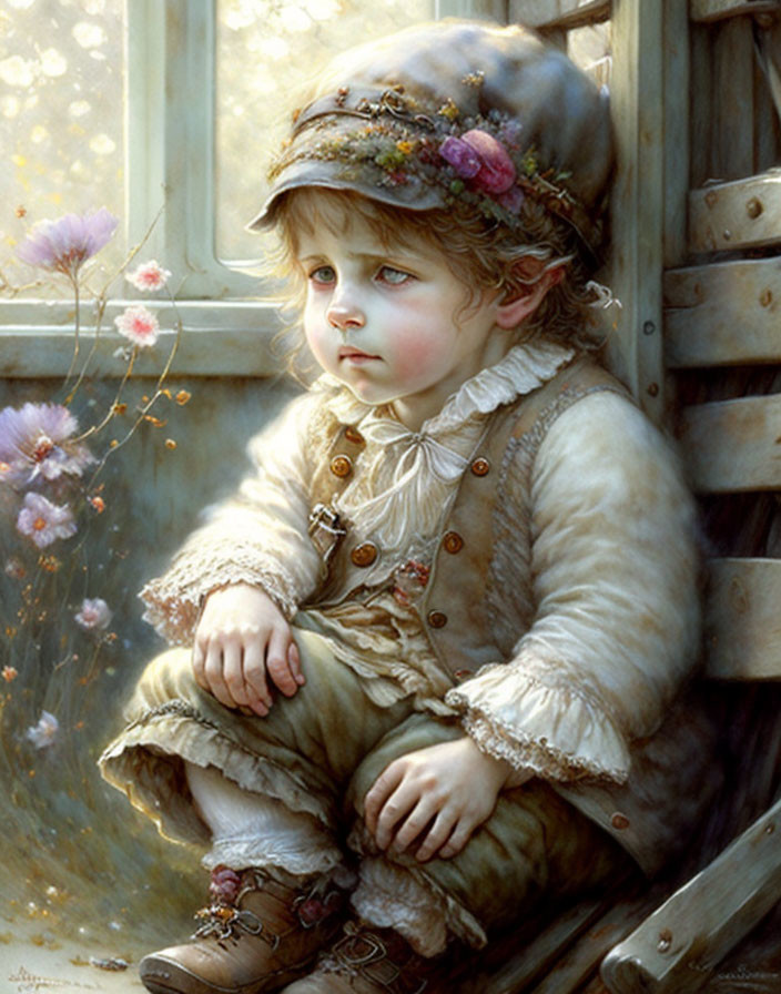 Young child in vintage attire sitting on wooden ledge with flowers and flower-adorned hat