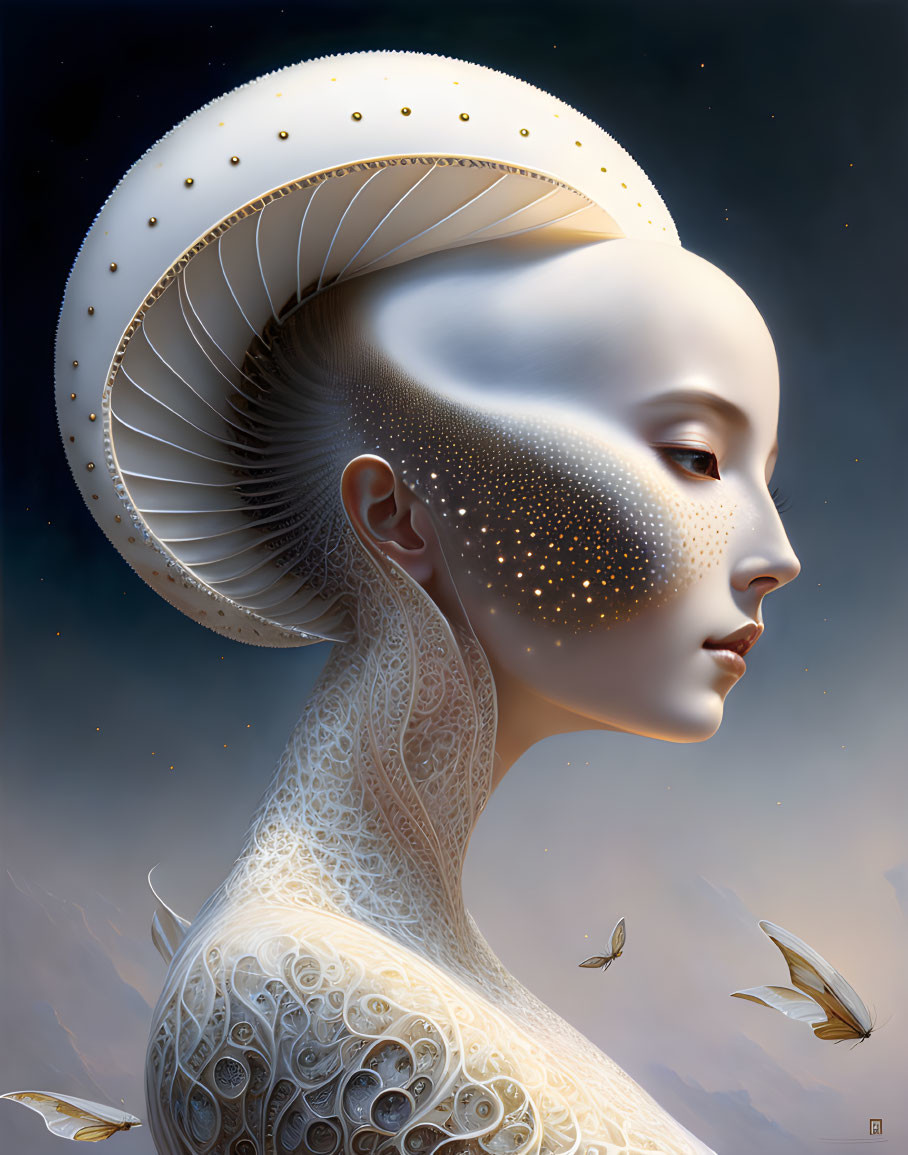 Serenely pale humanoid figure with pearlescent halo in celestial scene