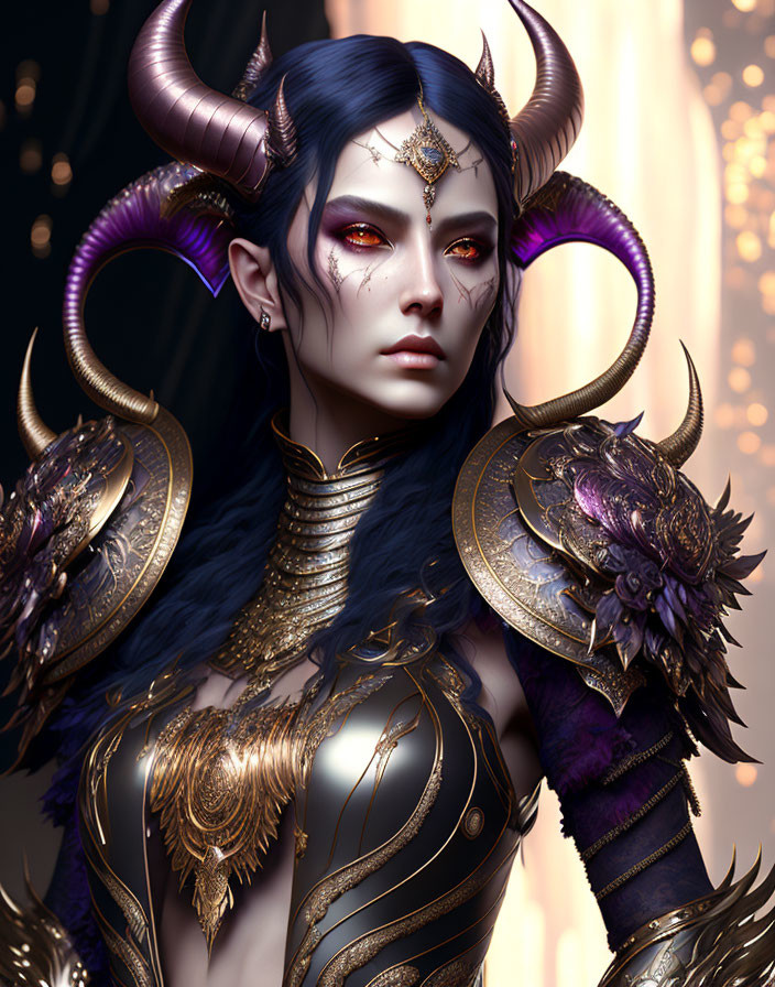 Blue-skinned female fantasy character in golden armor with purple horns and intricate facial markings