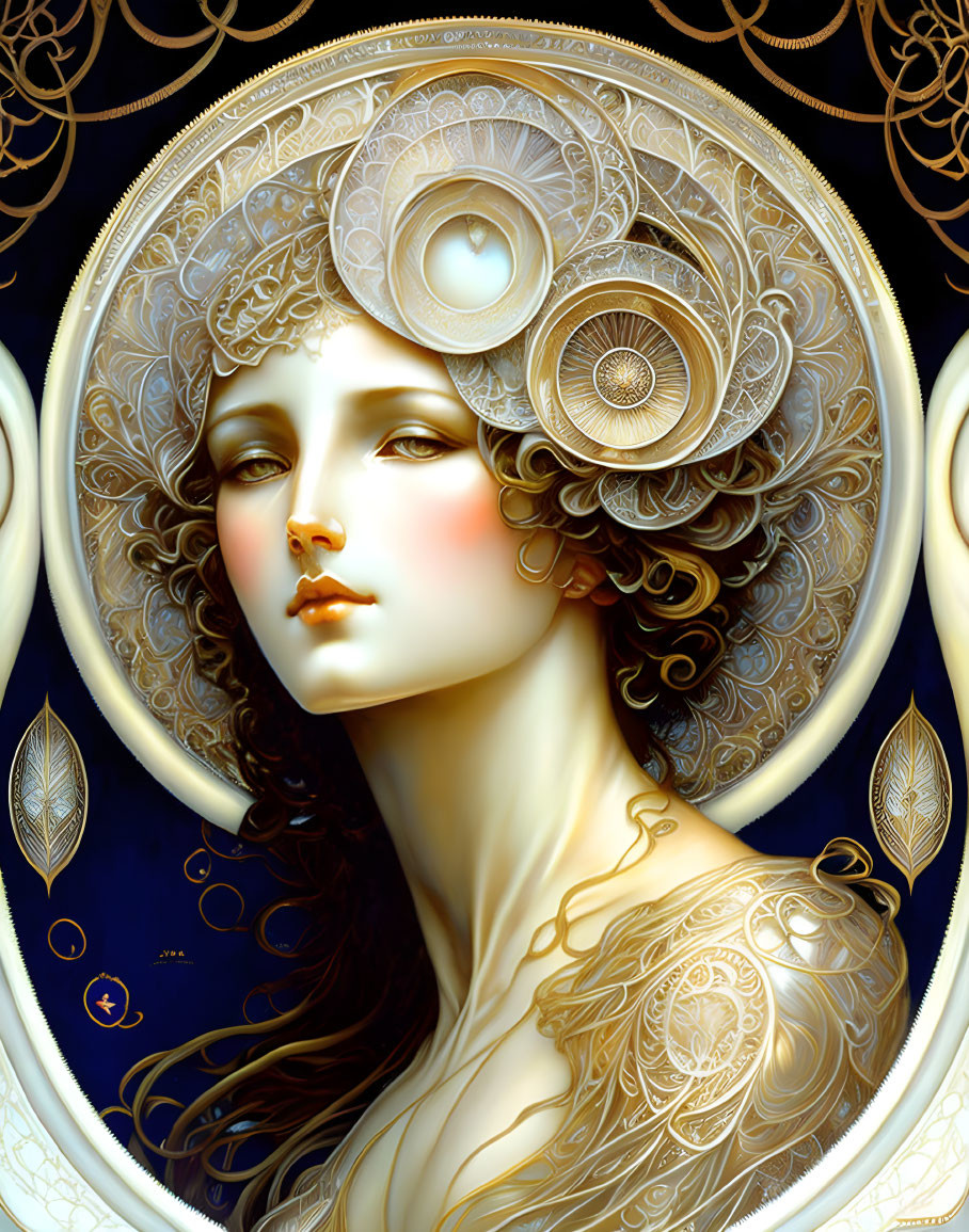 Ethereal woman with golden headpiece and intricate patterns.