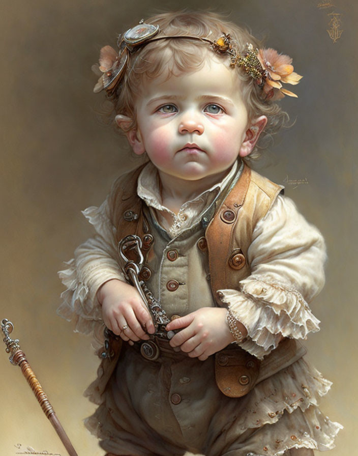 Vintage-style painting of a child with key, lace collar, and rosy cheeks