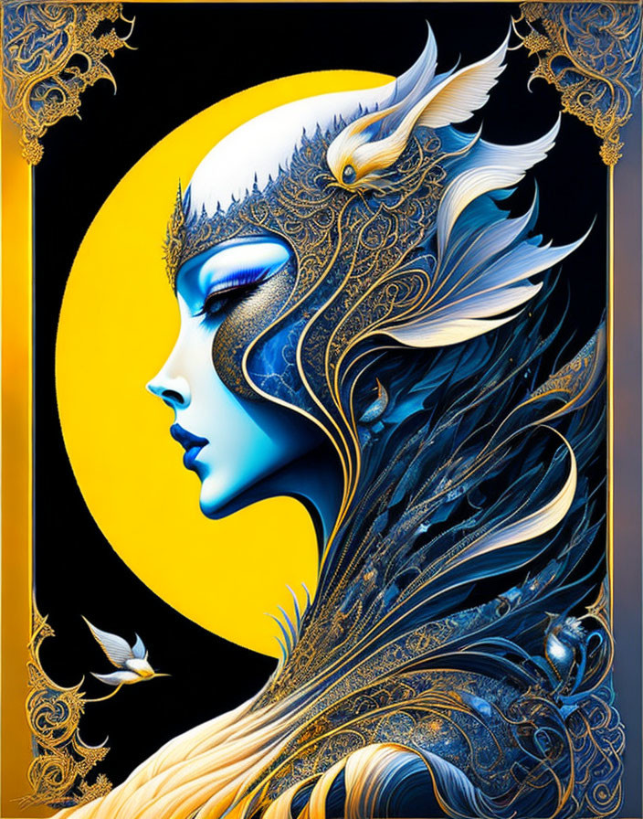 Stylized woman illustration with dragon-themed headpiece and armor against full moon