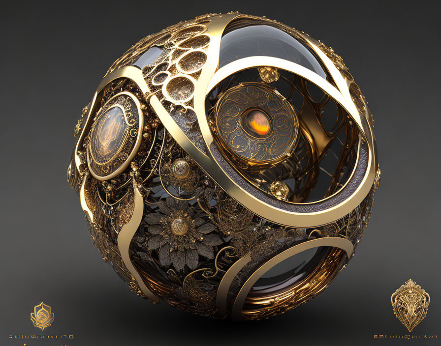 Ornate spherical object with gold and black patterns, filigree, and gemstone accents.