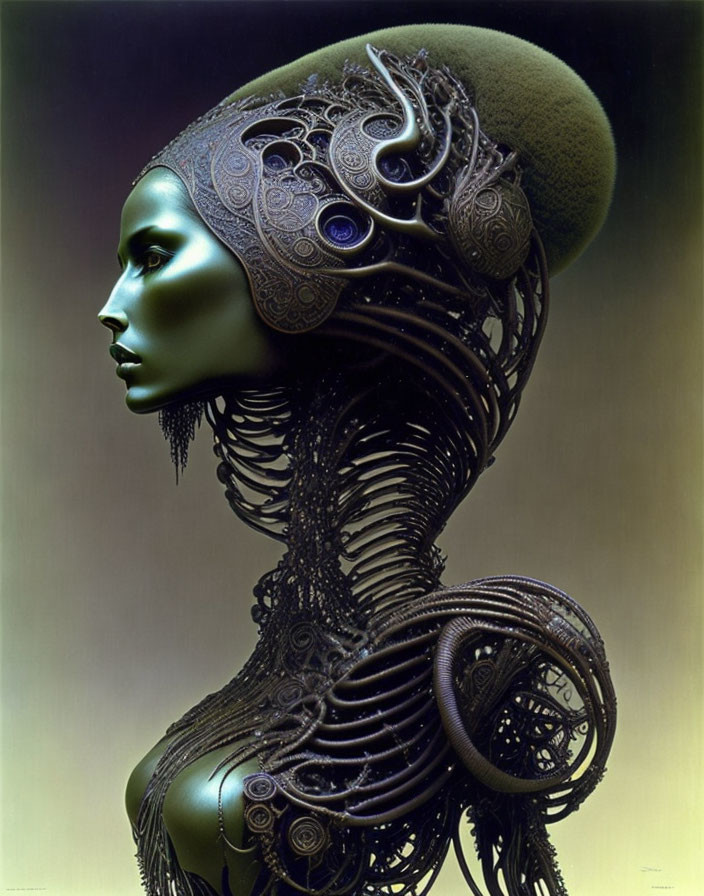 Futuristic androgynous being with intricate metal headgear and moss-like texture