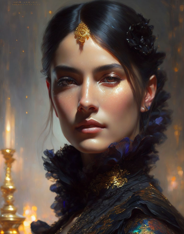 Portrait of woman with gold forehead ornament, dark hair, glowing skin, and elegant attire against blurred backlight