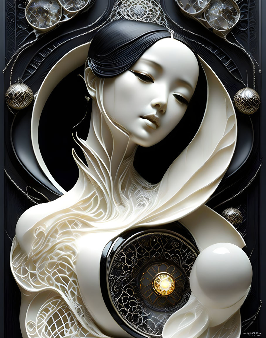 Stylized digital artwork of pale woman with black hair and intricate white patterns