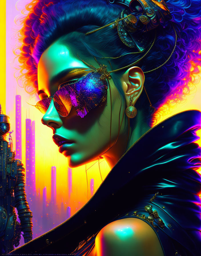 Neon-lit cyberpunk portrait of a woman with futuristic cityscape