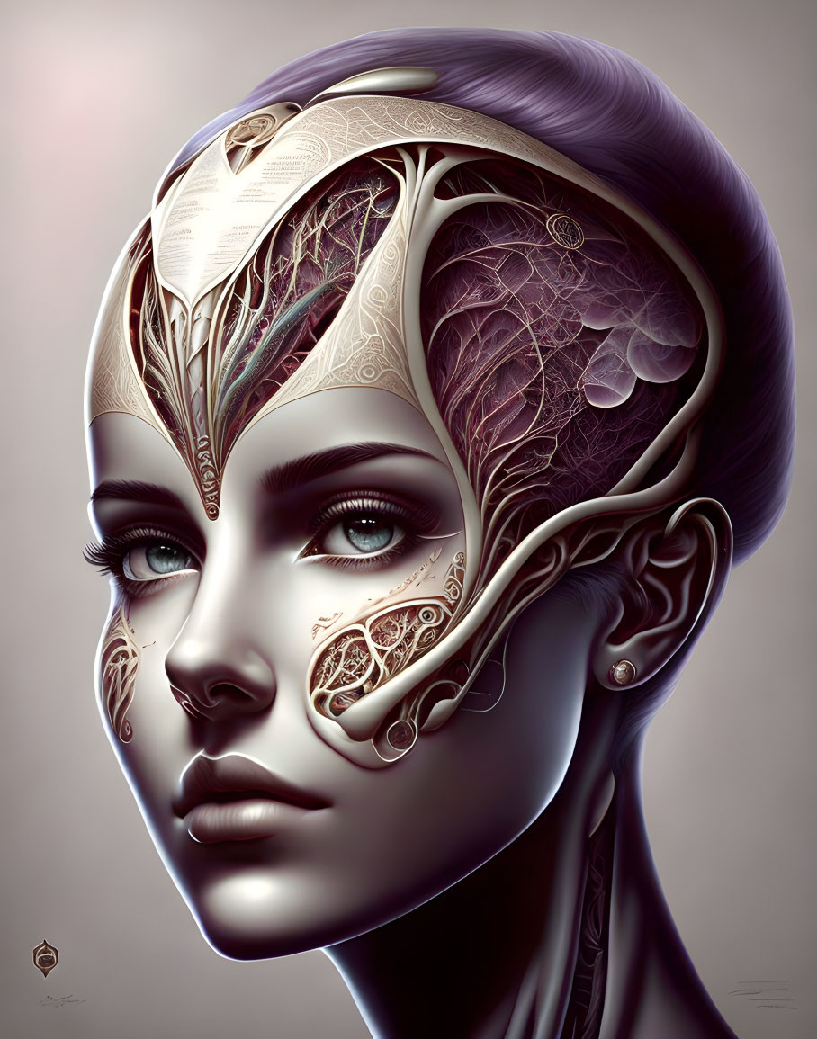 Woman with Mechanical and Organic Elements in Head: Detailed Artistic Portrayal