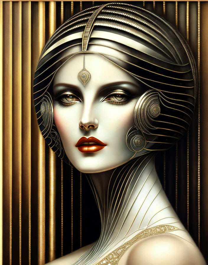 Art Deco Style Woman Illustration with Ornate Headdress & Metallic Accents