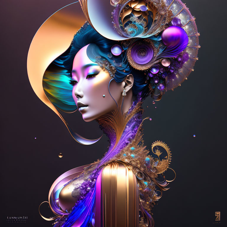 Elaborate gold and purple headgear on woman in digital art