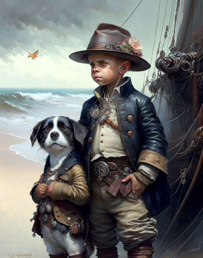 Child in Pirate Costume with Dog on Beach Looking at Ship and Bird