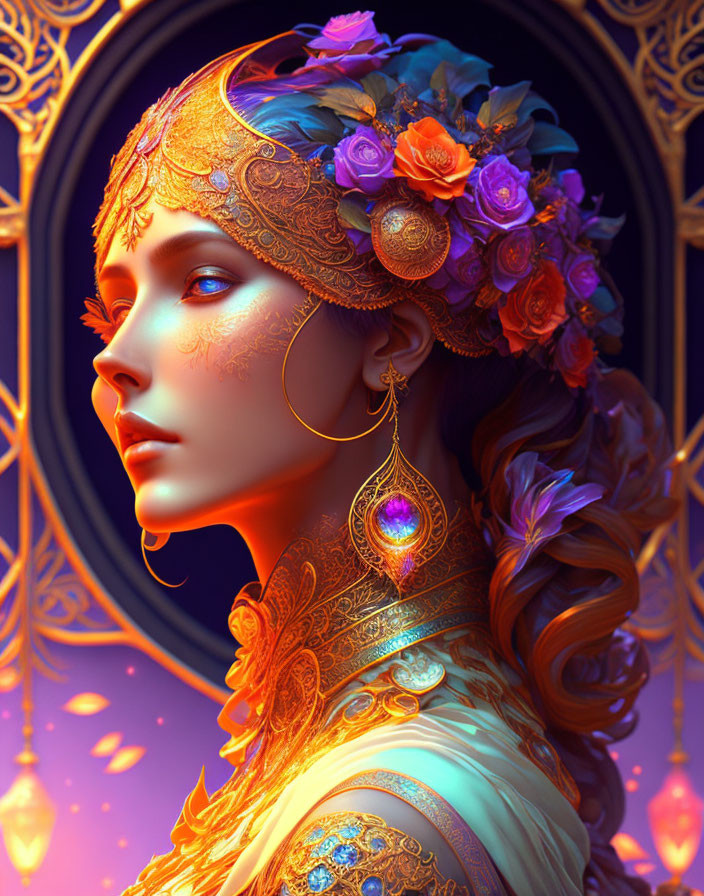 Detailed Illustration of Woman with Gold Headpiece and Floral Hair Accessories