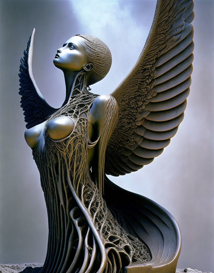 Detailed sculpture of female figure with large wings and intricate tree root textures