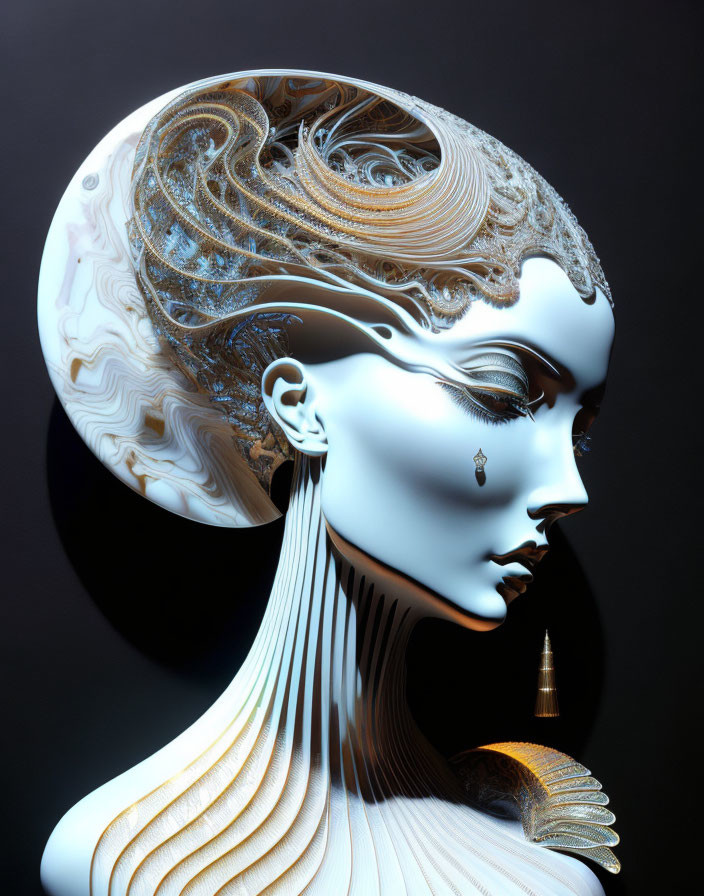 Futuristic female figure with ornate headpiece and gold shoulder accent