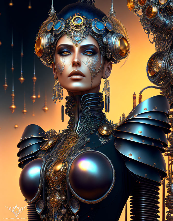 Futuristic female figure in intricate armor against mechanical backdrop