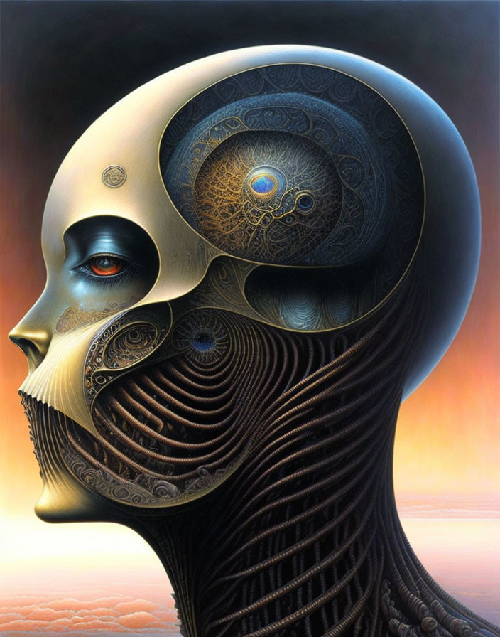 Surrealist digital painting of humanoid face with mechanical and organic designs