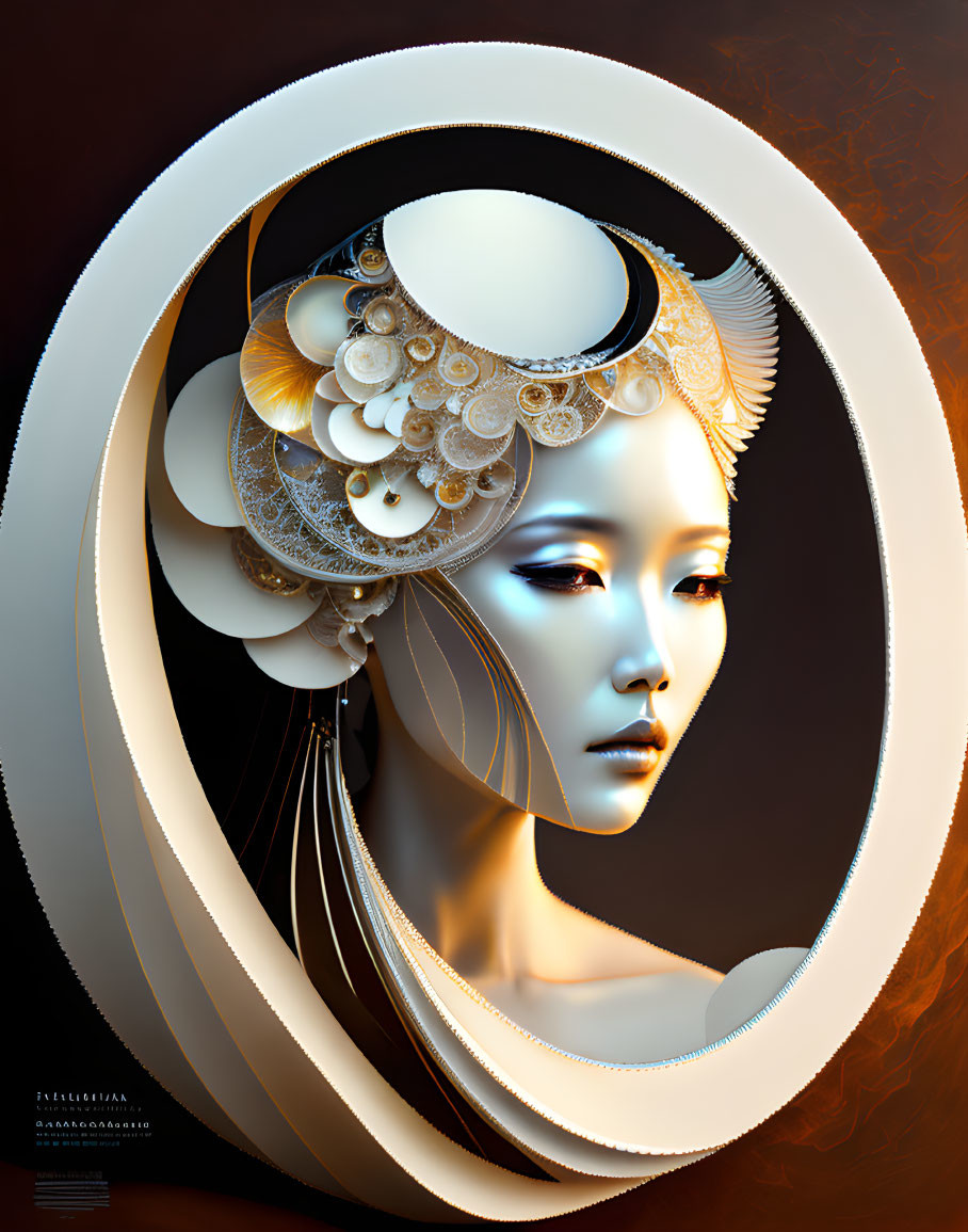 Asian-inspired female figure with decorative headdress and surreal circular frame.