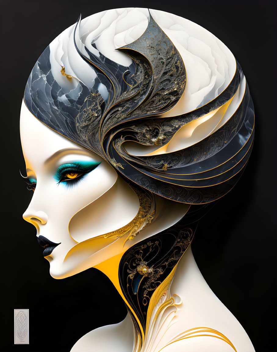 Female portrait with ornate swirling headpiece and gold accents