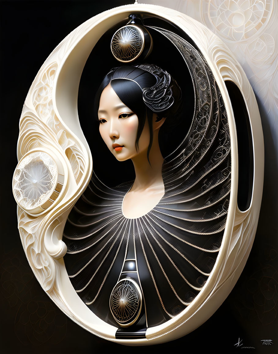 Traditional Asian woman depicted in ornate oval frame with white and gold patterns