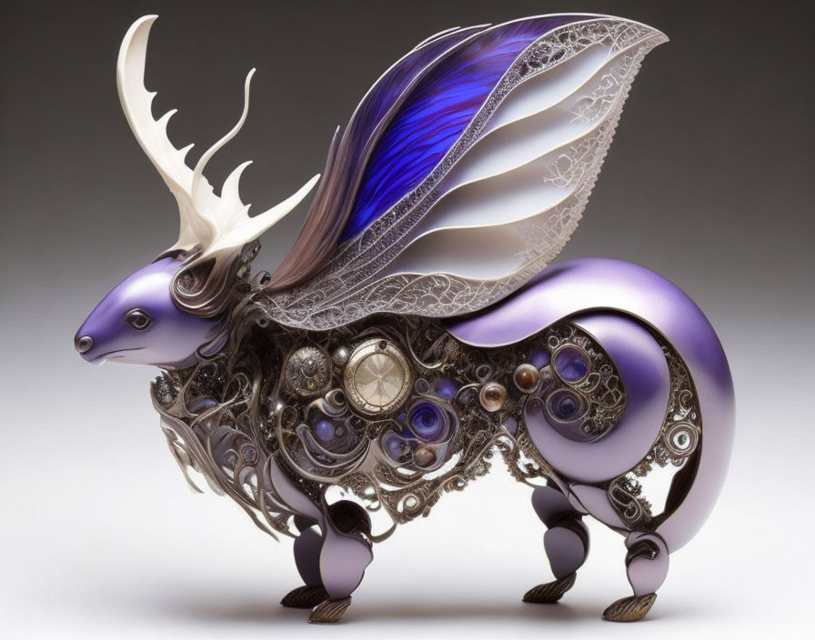 Intricate Metallic Winged Stag Sculpture in Blue-Purple Color Scheme