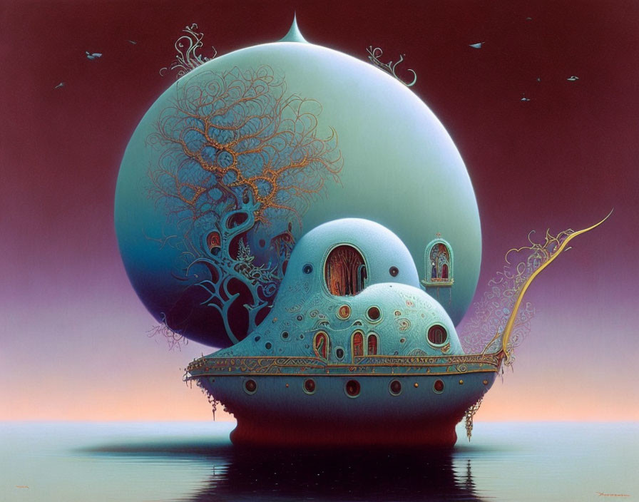 Surreal painting of ornate ship structure and celestial backdrop