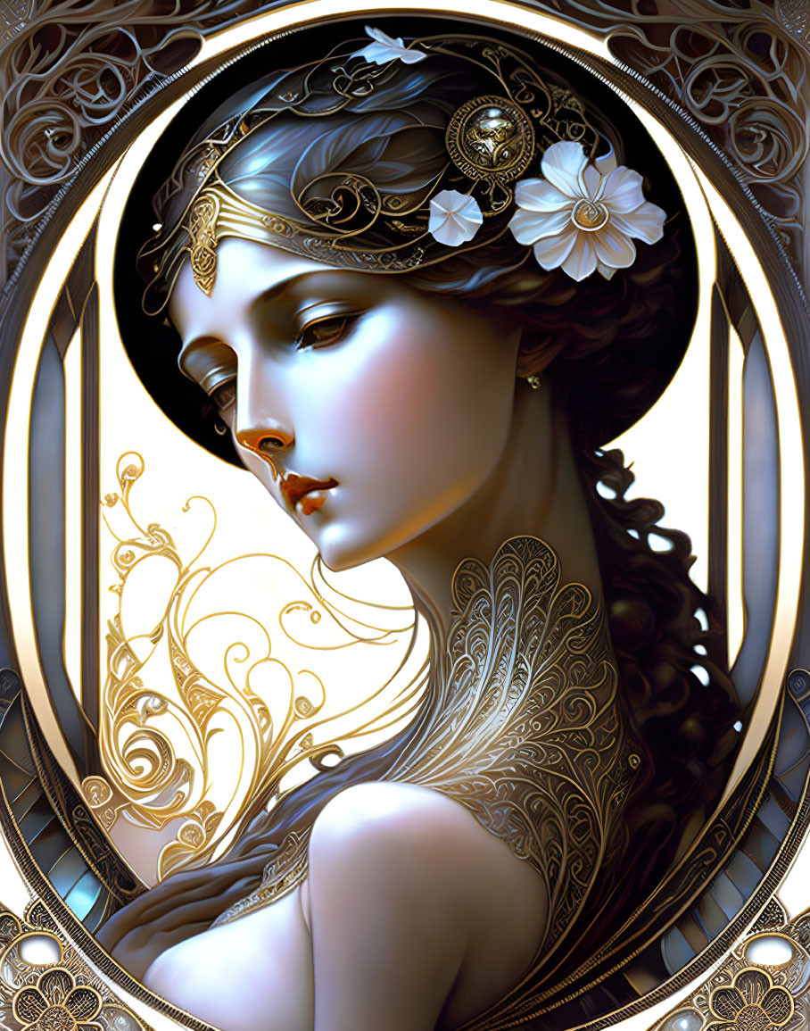 Art Nouveau Woman Portrait with Golden Headpiece & Ethereal Details