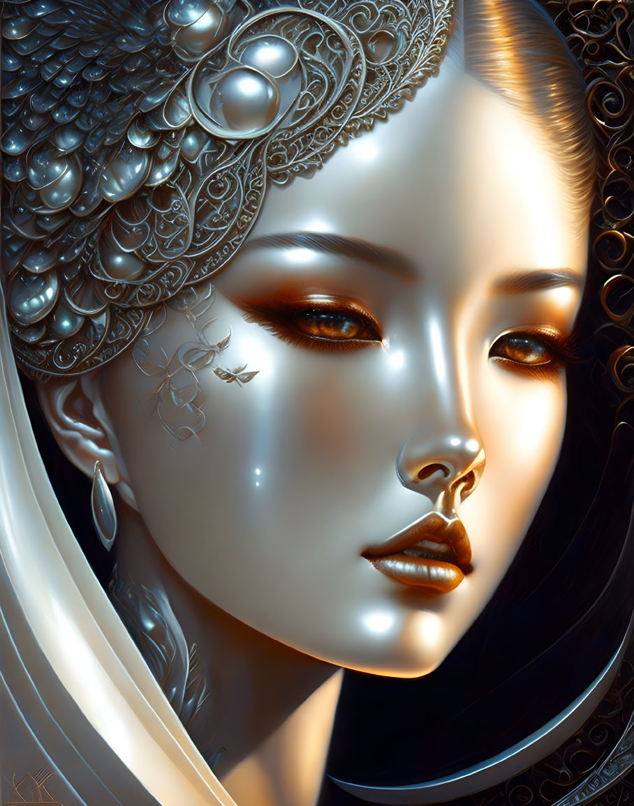 Digital portrait of woman with silver headdress, amber eyes, and intricate earrings.