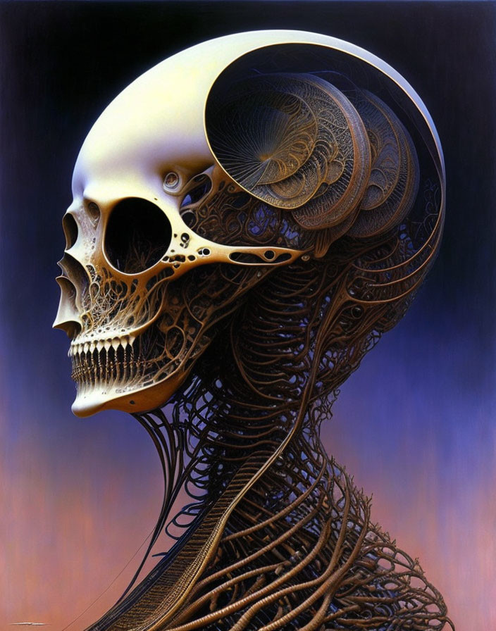 Surreal skull artwork with intricate patterns on dark background