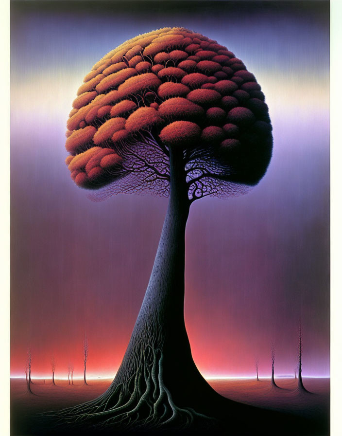 Surreal artwork of oversized tree with brain-like canopy against twilight backdrop