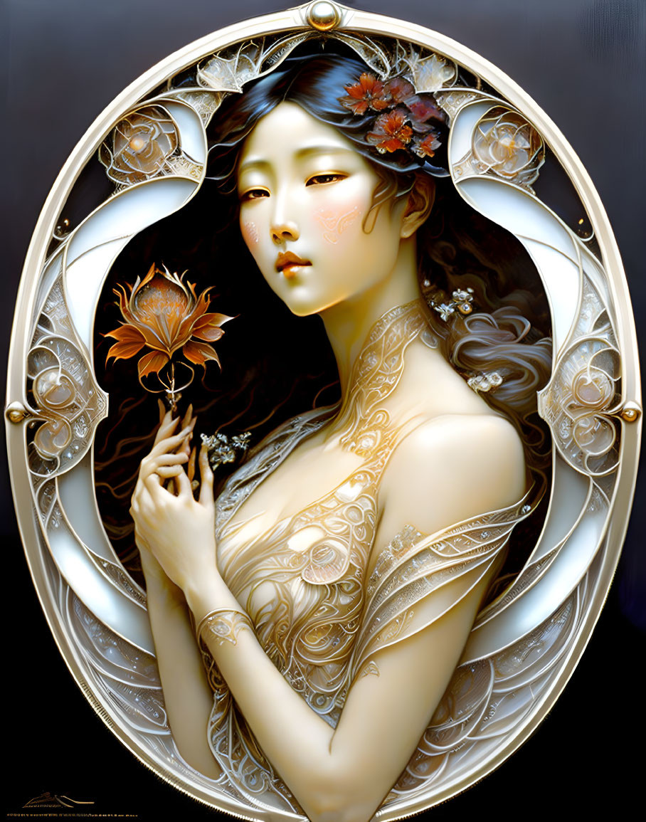 Ethereal woman with tattoos and jewelry holding a flower in ornate oval border