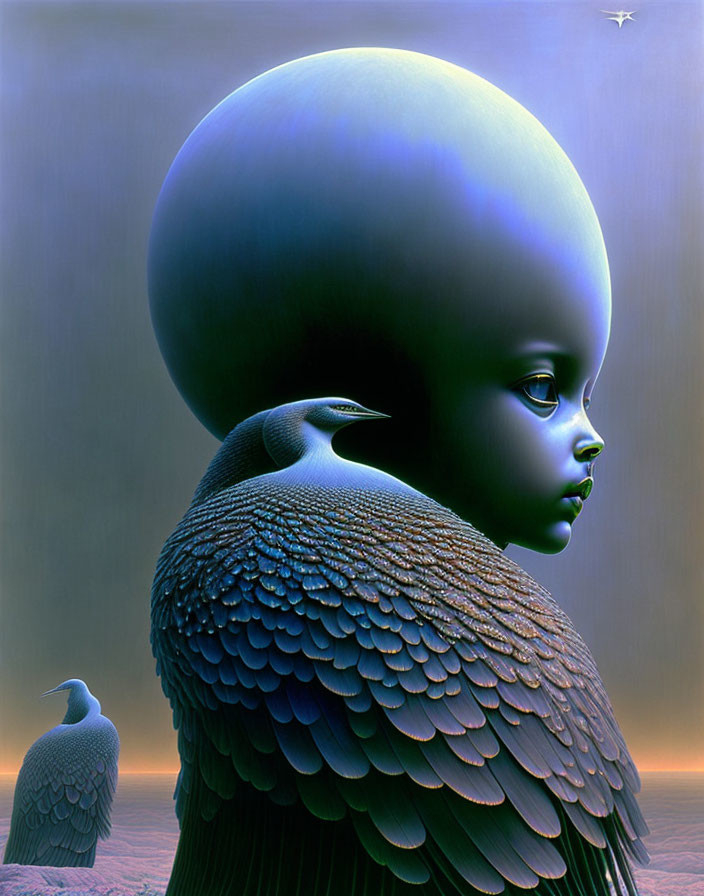 Surreal artwork: child with oversized head and bird-like features in moody, monochromatic