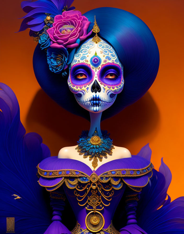 Colorful skeletal figure with floral elements and jewelry in Day of the Dead style