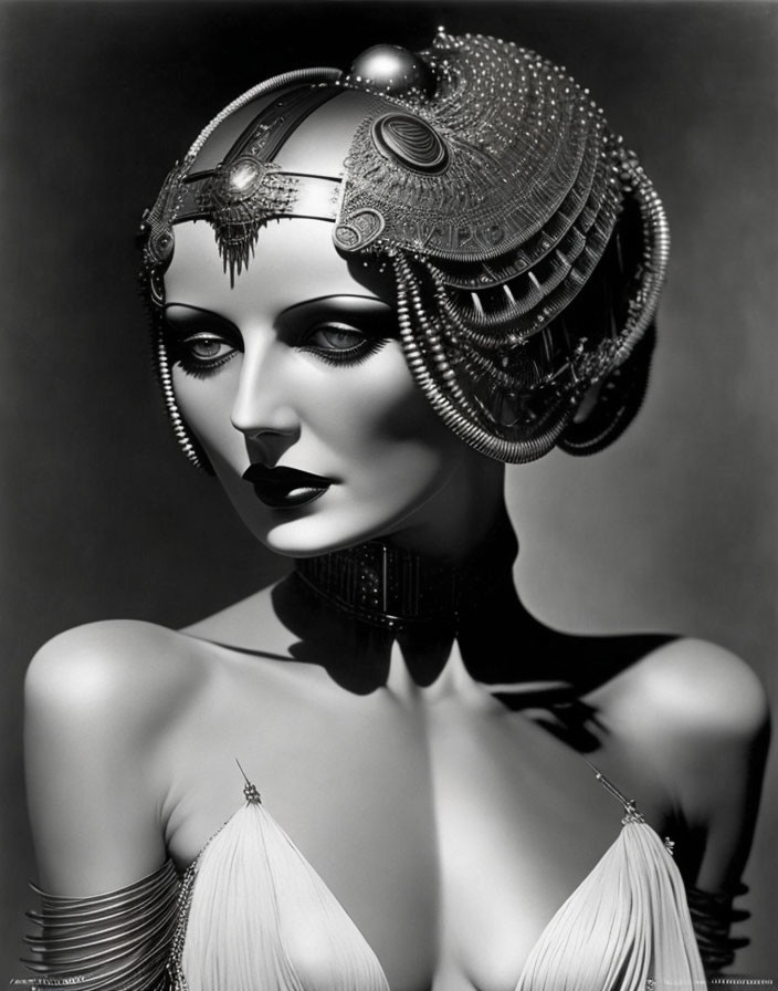 Monochrome artistic portrait of a woman in futuristic metallic helmet